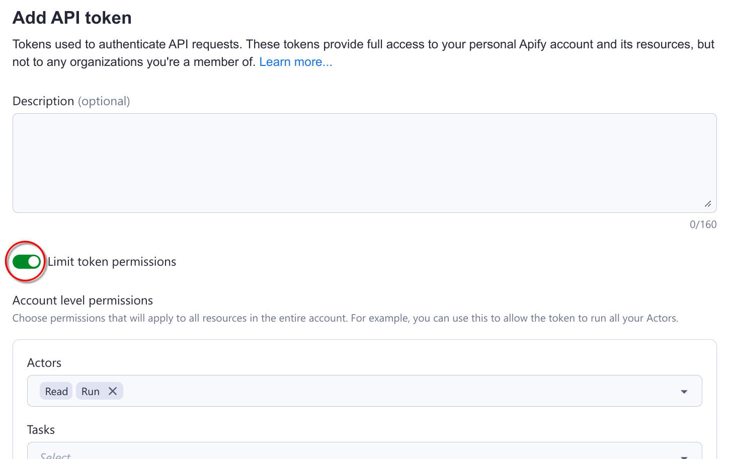 Toggle &quot;Limit token permissions&quot; to make a token scoped